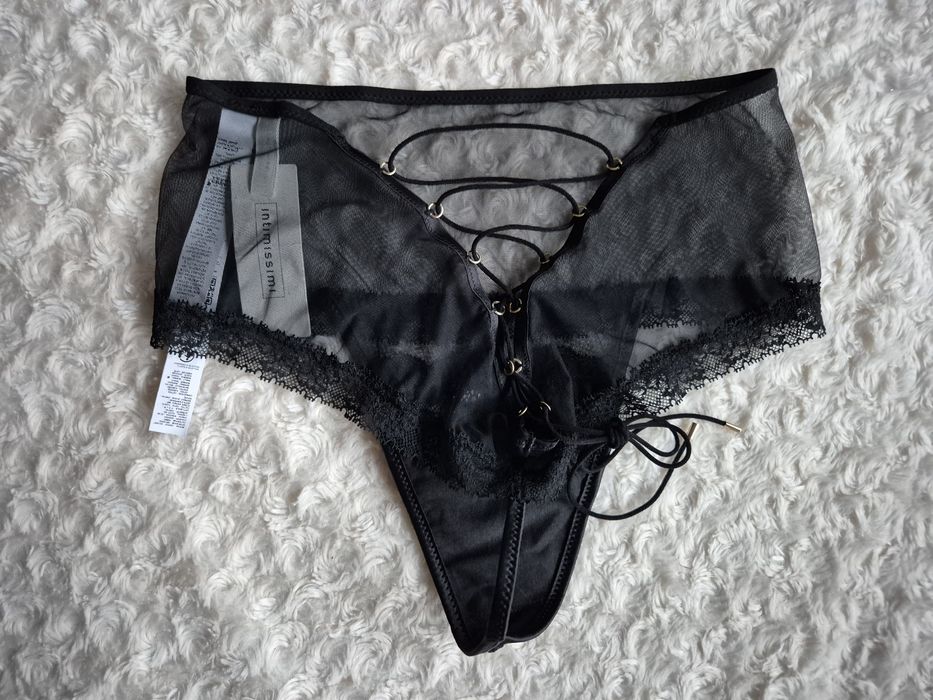 Majtki Intimissimi czarne M koronkowe stringi brazyliany sznurowane
