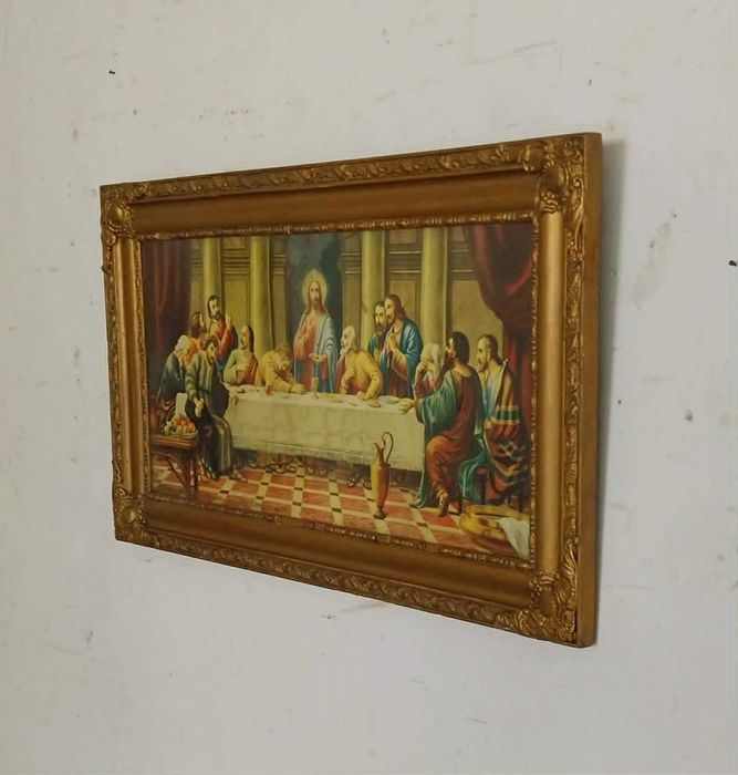 Gravura Antiga da Última Ceia de Cristo com moldura da Época em Talha Dourada