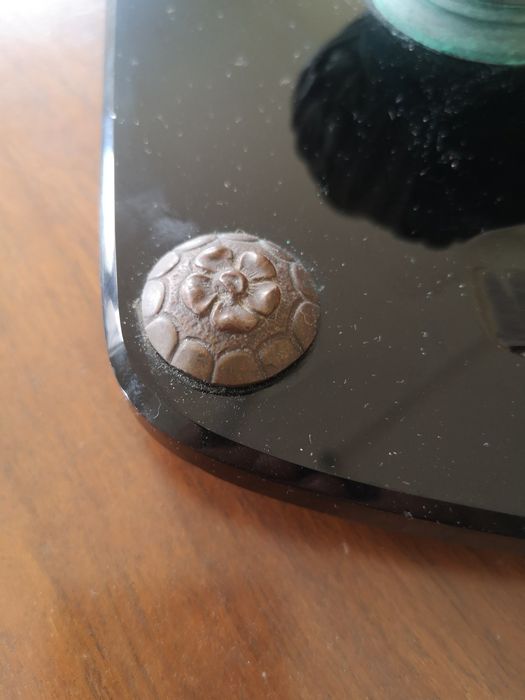 Tinteiro antigo vidro negro e bronze