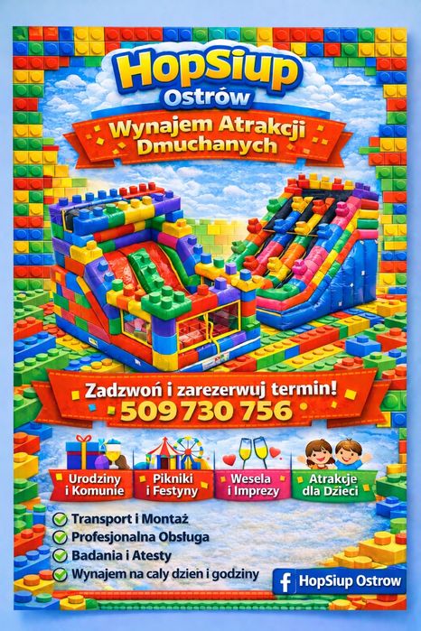 Dmuchance  – wynajem atrakcje dla dzieci HopSiup Ostrów WOLNE TERMINY Sierpień! ! !