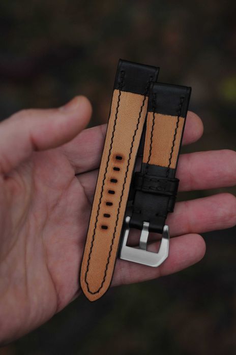 Чёрный кожаный ремешок для часов 22 х 18 мм браслет Ручная работа