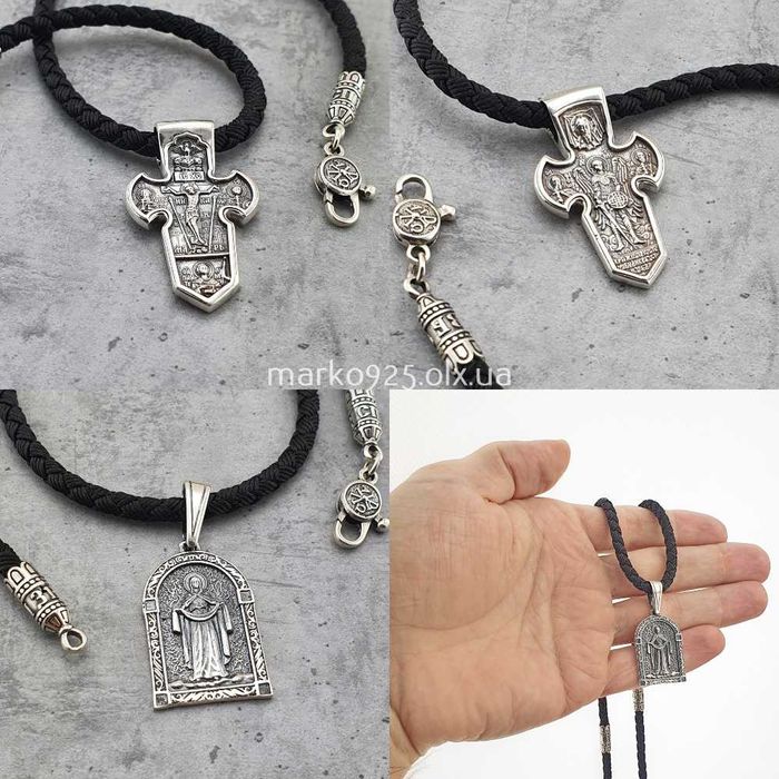 Срібний хрестик з шовковим шнурком 4 мм. Кулон іконка Богородиця 925