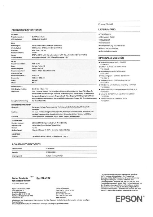 Epson Projector EB-965 (Beamer); 3LCD z LAN (Ethernet)