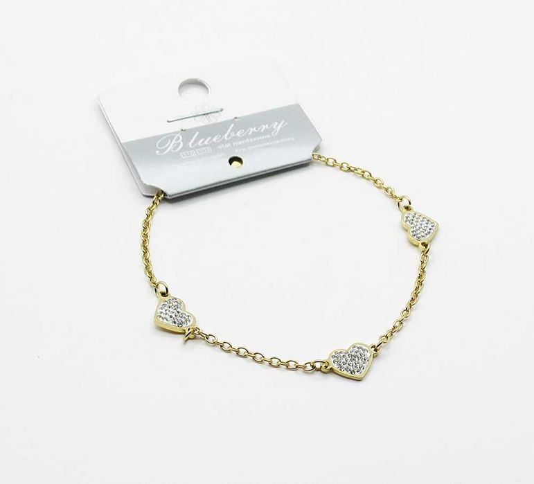 Bransoletka stal chirurgiczna złote serca cyrkonie Blueberry nowa BB39