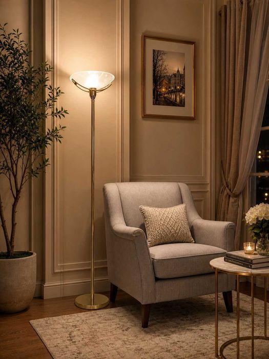 Lampa stojąca podłogowa 180 cm, złota, szklany klosz, stan bdb