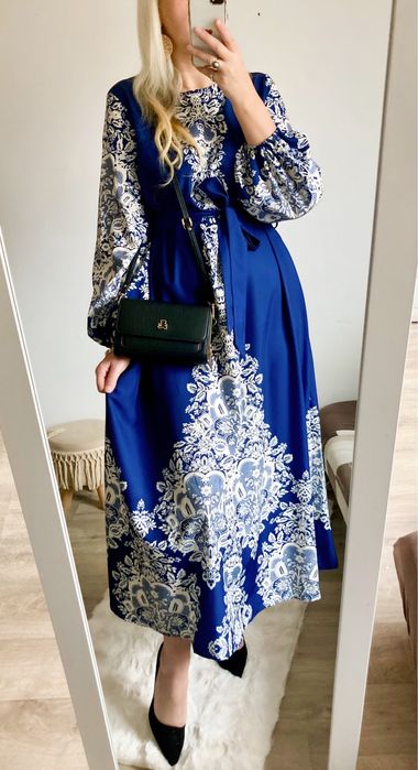 Sukienka Damska w kwiaty z paskiem elegancka L