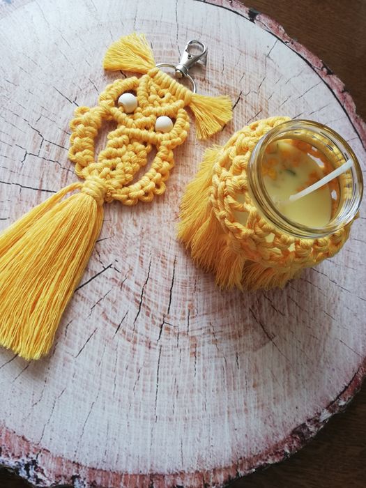 Dzień Matki zestaw breloczek makrama sowa świeca sojowa