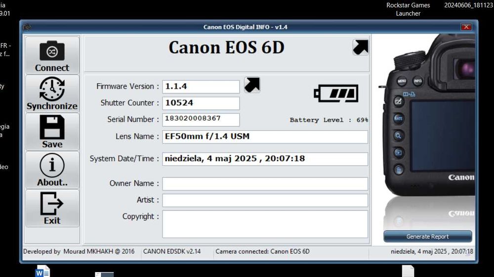 Zestaw fotograficzny Canon – używany, w pełni sprawny, 6d, 50mm 1.4