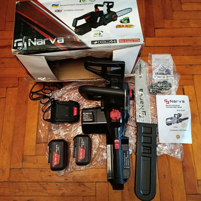 Продам цепну акумуляторну пилу NARVA NCS-36/6Li  напруга 36v,швидкість 3000 об/хв.