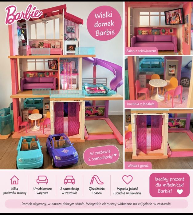 Duży domek Barbie z wyposażeniem + 2 samochody