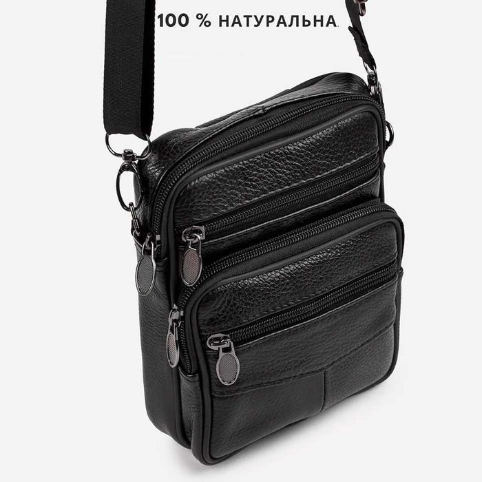 Стильна чоловіча шкіряна сумка через плече, з натуральної шкіри, чорна