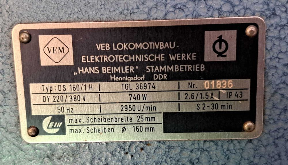 Szlifierka VEB LOKOMOTIVBAU 740W 380V