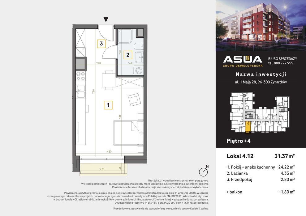 Centrum | 31,37 m² | Balkon | Słoneczne