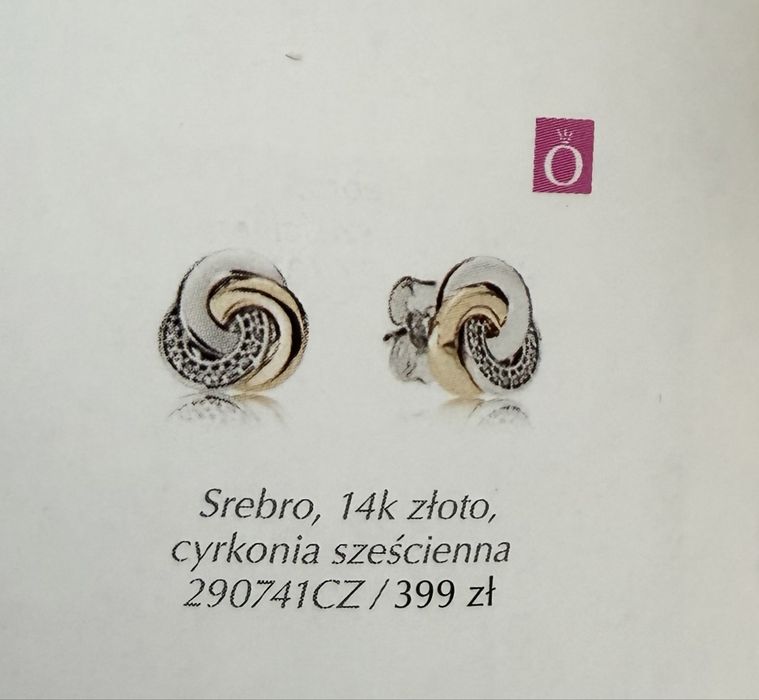 PANDORA tt oryginalne unikatowe kolczyki złoto 14k/srebro 925