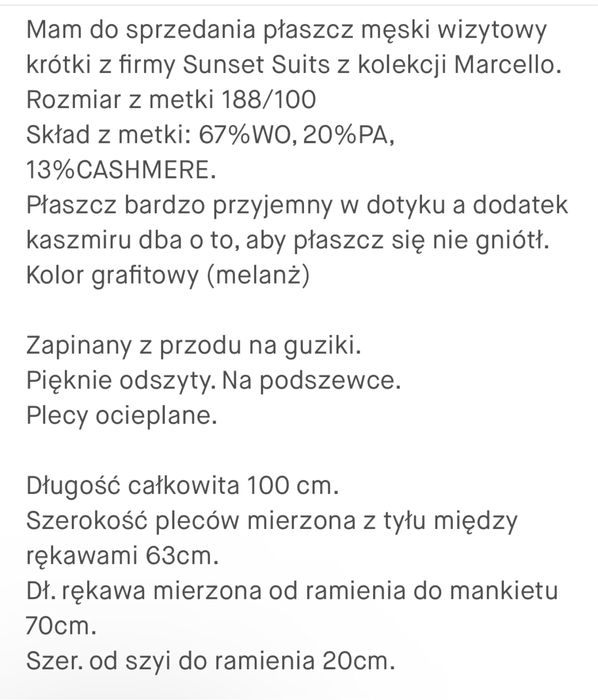 Sunset Siuts plaszcz męski krótki 188/100