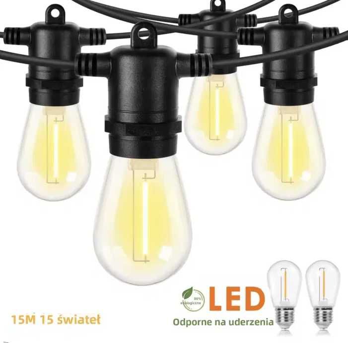 Girlanda Świetlna Ogrodowa | 15m | 15x LED | Wodoszczelna IP44 | NOWA