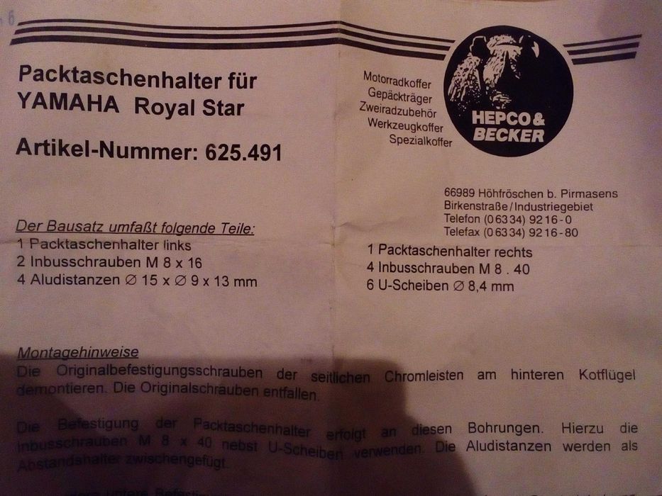 Yamaha XVZ 1300 Royal Star stelaże pod sakwy Nowe hepco&becker