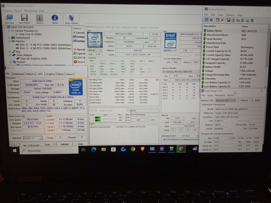 Laptop ultrabook Dell i5 SSD 8GB bateria 3h zasilacz Dell Win