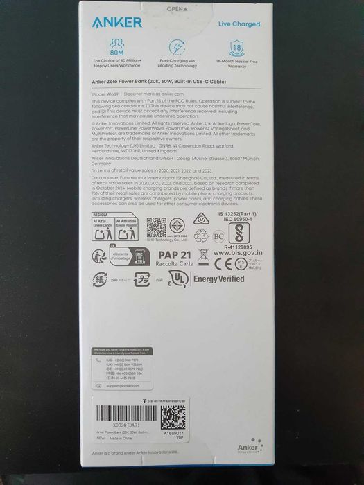 Power Bank Anker Zolo 20.000 mAh 30W c/ Cabo USB-C Integrado (NOVO)