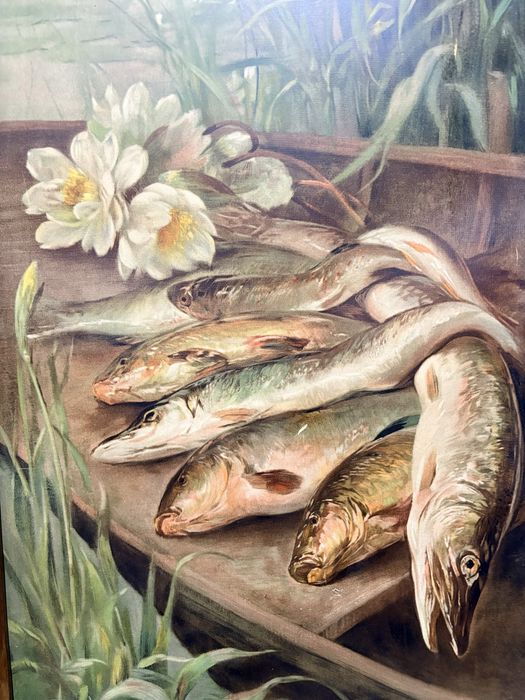 Grande antigo quadro com litografia sobre cartão motivo peixes / pesca