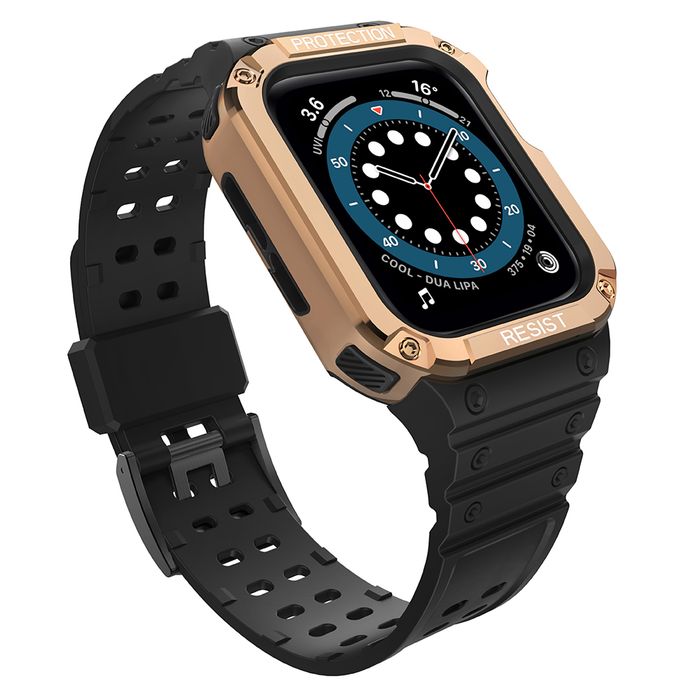Pasek z etui ochronnym Protect Strap Band do Apple Watch 42 / 44 / 45 mm opaska obudowa pancerna - czarny, różowe złoto