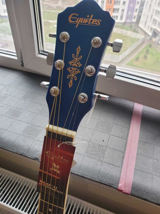 синяя дредноут акустическая гитара гриф ровный с регулировкой