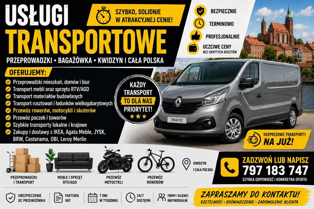 Szybki i Tani Transport | Przeprowadzki | Przewóz Motocykli | Kwidzyn i Cała Polska | 24/7
