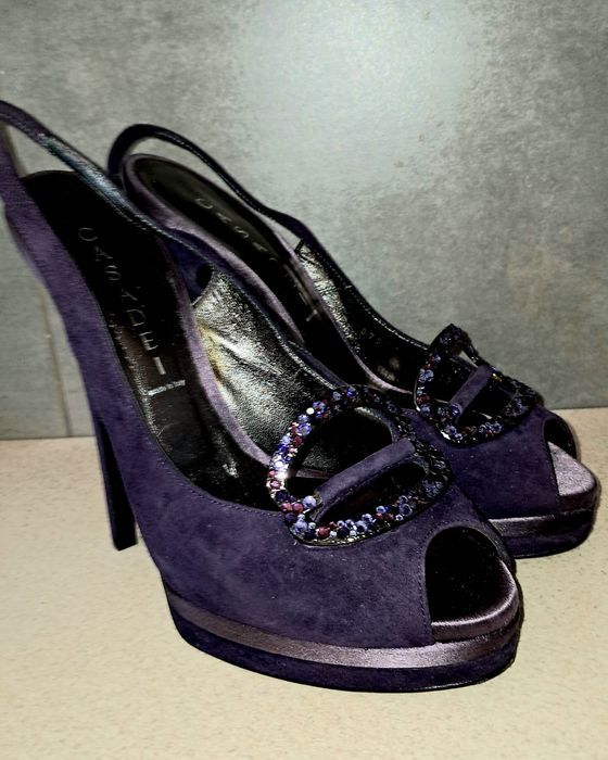 Casadei sandały buty na obcasie skórzane 37 fioletowe na platformie 15 cm oryginalne unikat