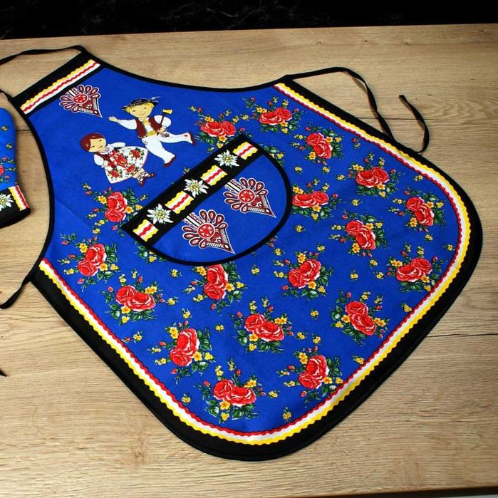 Fartuch Kuchenny Niebieski Folk w Stylu Podhalańskim Fartuch Góralski