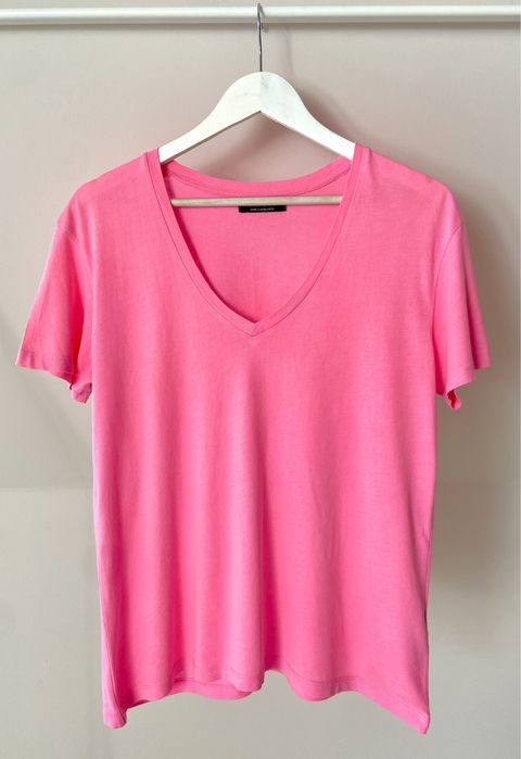 Różowa koszulka/T-shirt damski z dekoltem w serek Bershka roz. XS/34