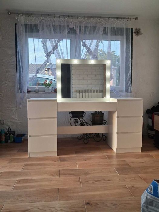 NOWA Toaletka Kosmetyczna Biała 155 cm Z Lustrem LED Szufladami Do Makijażu Duża Do Sypialni Garderoby Nowoczesna Glamour Wizaż Wysyłka OKAZJA