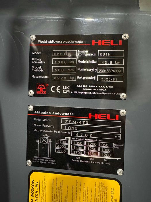 Wózek Widlak Spalinowy Heli 1,8t Maszt 4,7 LPG Stage V 2025-09