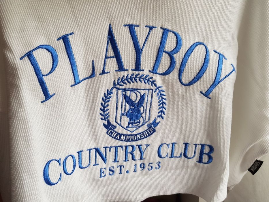 Bluza playboy M university College biała haftowana krótka crop wafelko