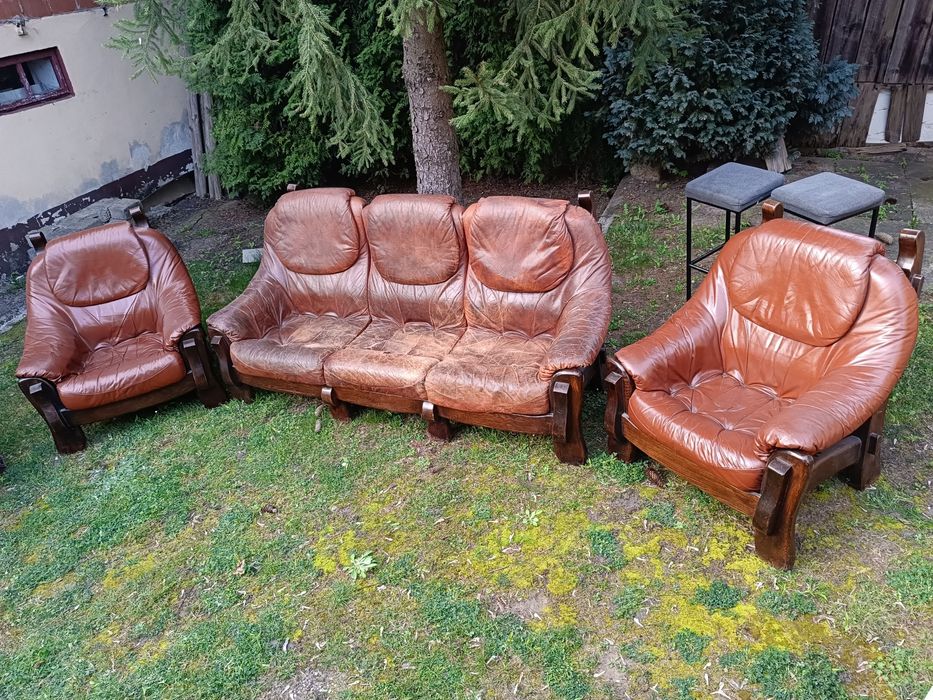 Zestaw Wypoczynkowy sofa i 2 fotele SKÓRA BYDLECA