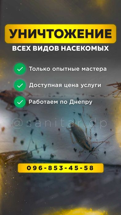Уничтожение, травля тараканов, клопов, дезинфекция Днепр