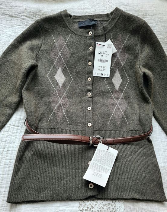 Sweter z paskiem Zara wełna romby M