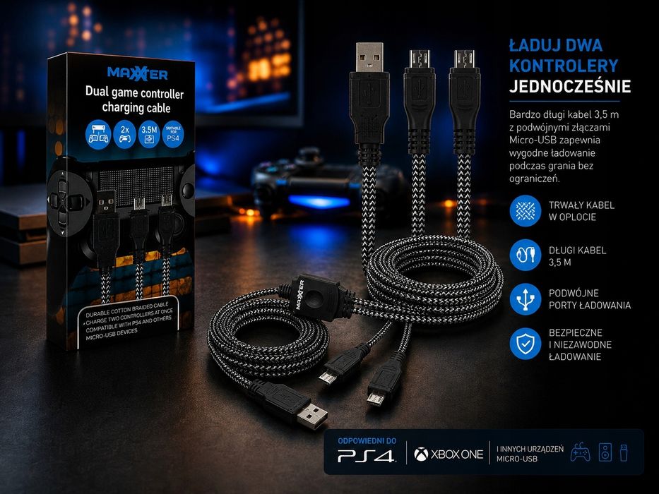 Kabel do ładowania 2 padów PS4 Xbox One 3,5 m 2x Micro USB Oplot Dual
