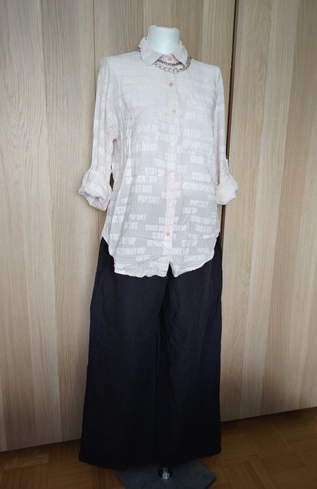 Koszula damska oversize pudrowy róż białe napisy wiskoza vintage y2k M/L/XL