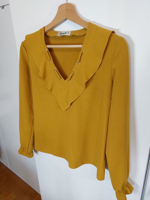 Musztardowa bluzka 36/S żółta bluzka koszula z falbanką 34 top t-shirt