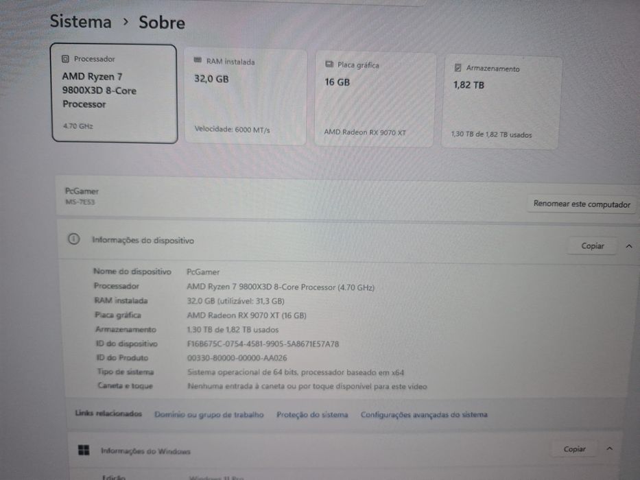Pc Gamer R7 9800x3d + Rx 9070xt