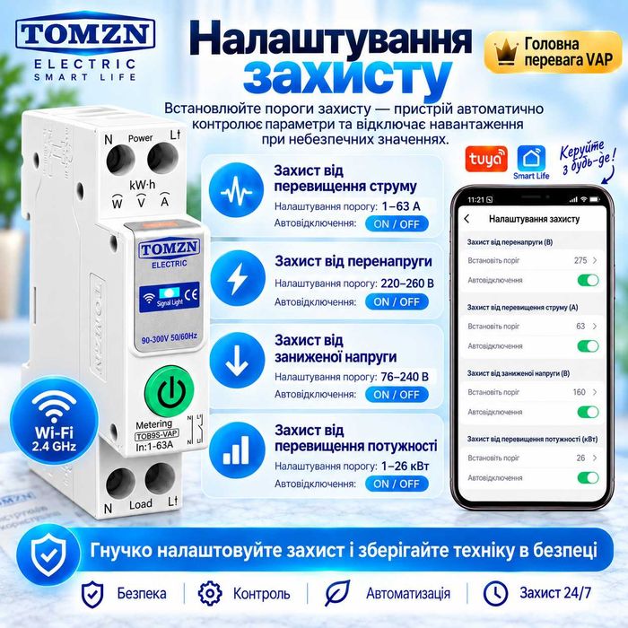 Програмований Wi-Fi автомат-реле TOMZN TOB9S-VAP 1-63A, захист, енергомоніторинг Tuya, Smart Life
