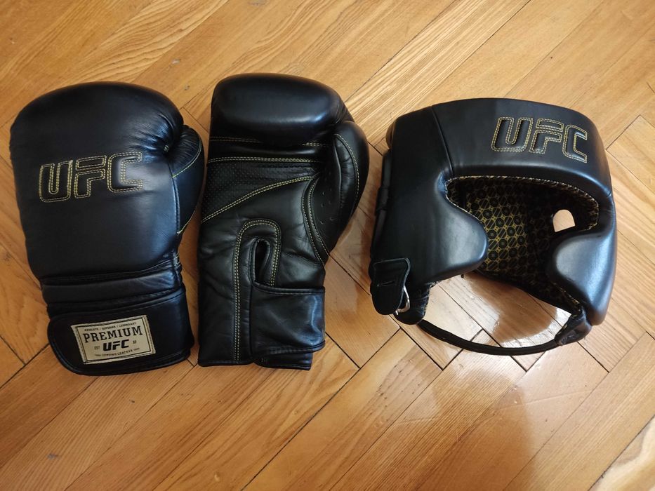 Комплект боксерские перчатки + шлем UFC (кожа, б/у)