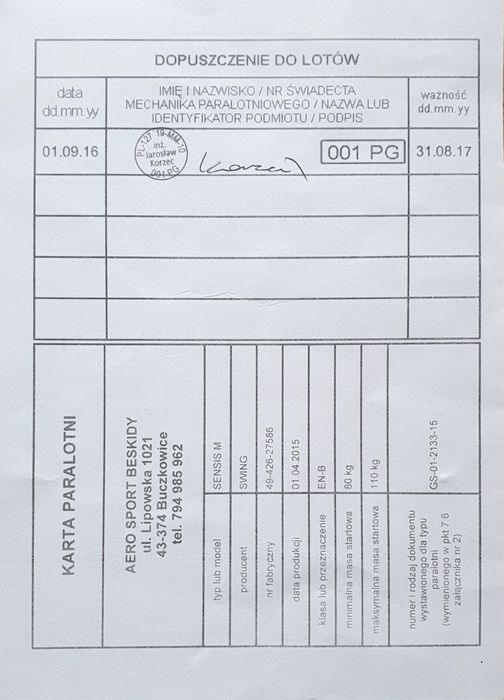 Paralotnia Swing Sensis M skrzydło paralotniowe