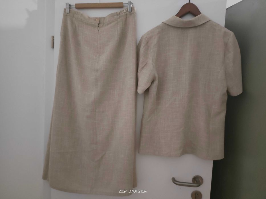 Piękny Komplet_ Beż/ Len_Spódnica Midi i Żakiet_40_Lux