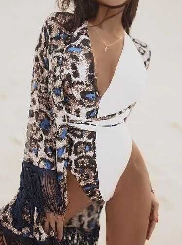 Шикарный пляжный комплект 2 в 1 - Туника купальник слитный леопард