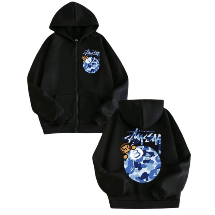 Зип зуди Stussy 8 Ball x Bape Logo унисекс стусси стаси и бейп  коллаборация черные толстовка кофта лонгслив свитшот Новинка