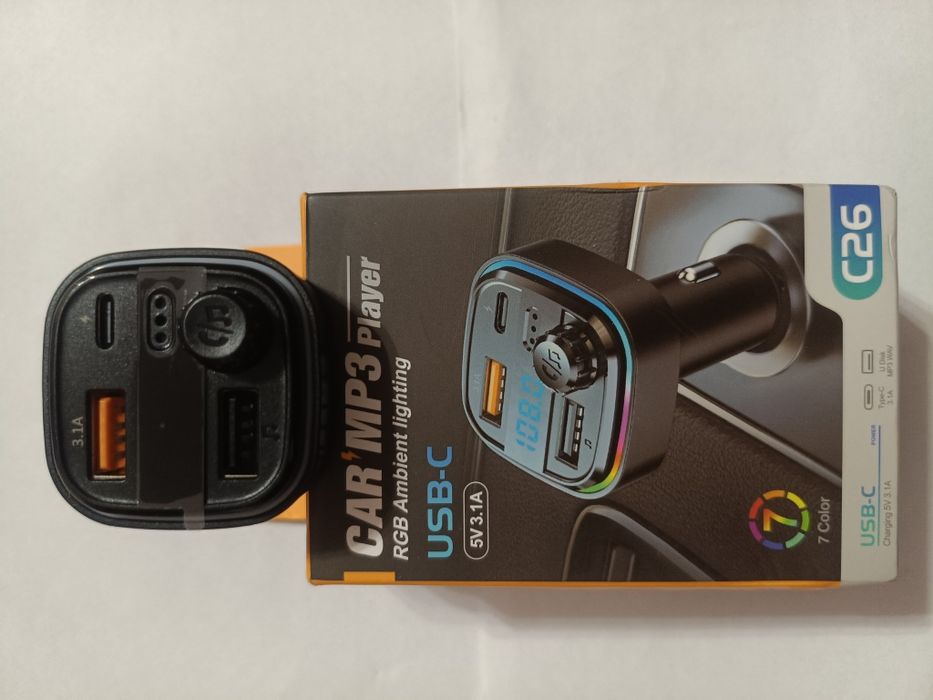 Модулятор-FM-трансмітер C26 Bluetooth USB-C MP3 RGB.Новий