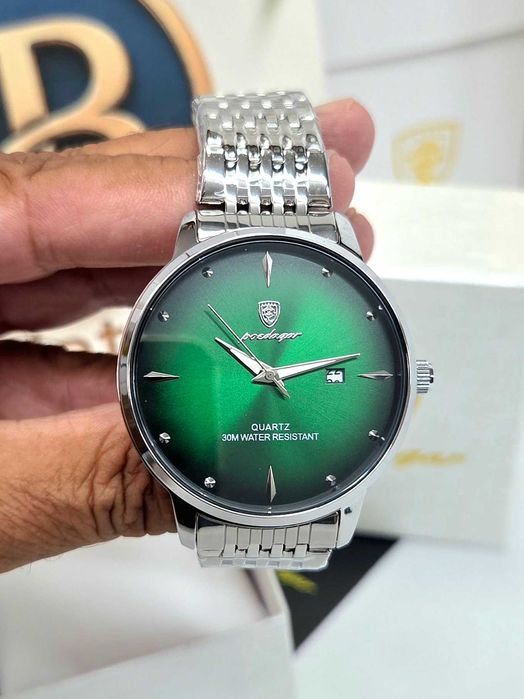 Relógio Poedagar masculino – Mostrador verde – Aço inoxidável – Day/Date