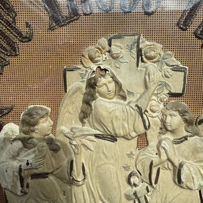 Stary obraz Wiara Miłość Nadzieja – Antyk, Haft, Punch Paper, XIX w.
