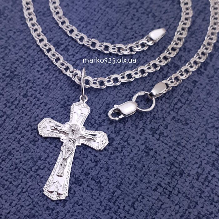Жіноча срібна цепочка і хрестик. Ланцюжок на шию жіночий Бісмарк 925